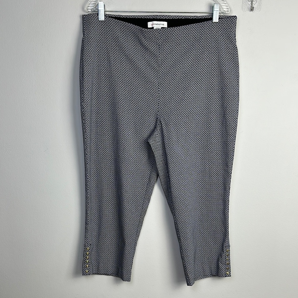 NWOT Liz Claiborne April Crop Mid Rise Capri Pants Navy Geo Sz 14 Stretch Office